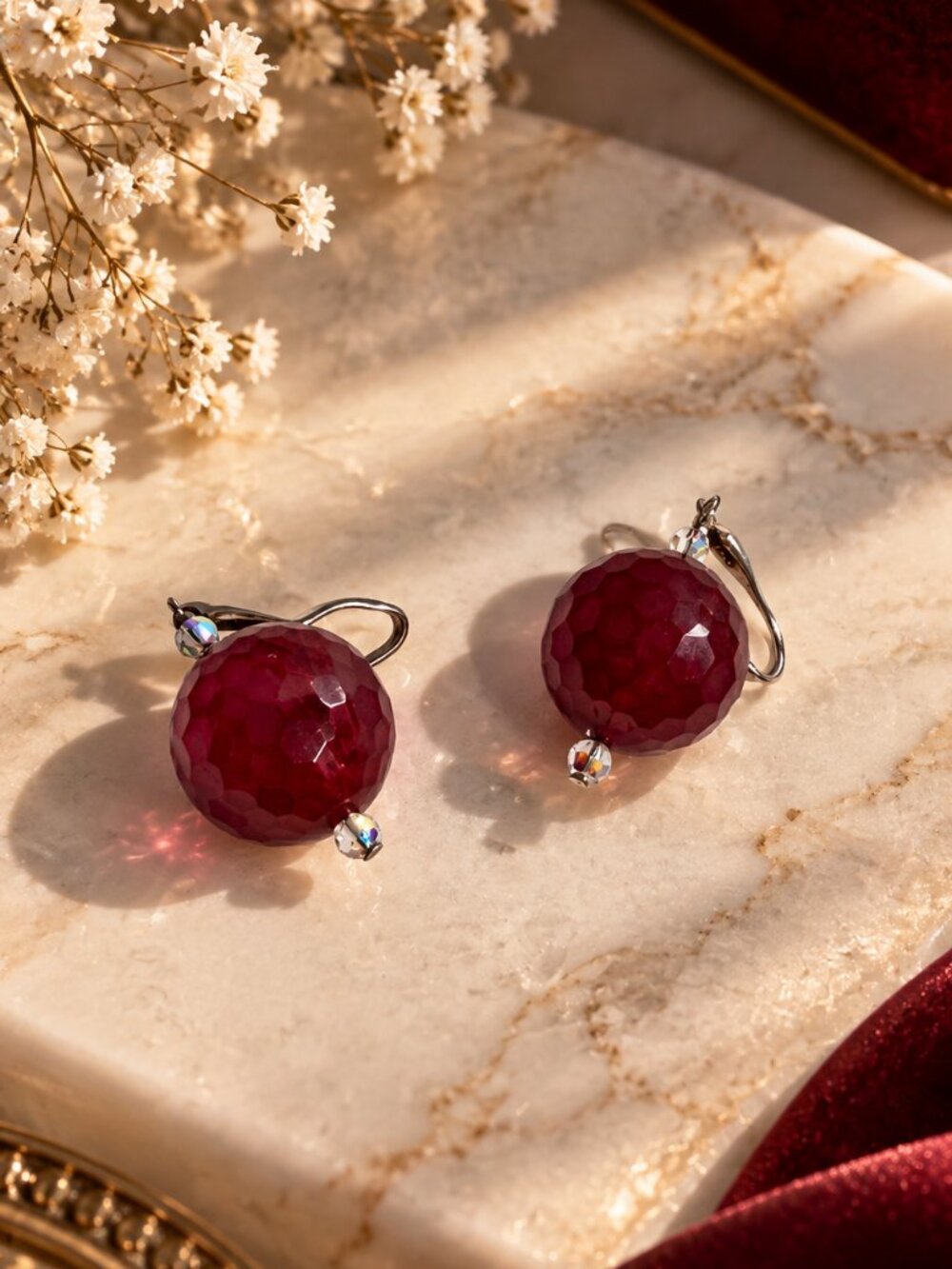 Vintage 925 Sterling Silver Faceted Magenta Agate & Crystal Drop Earrings